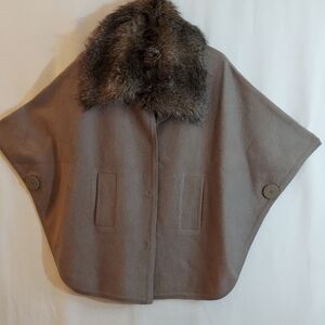 XL Taupe Cape Removable Faux Fur Collar by Colour Works 100% Wool